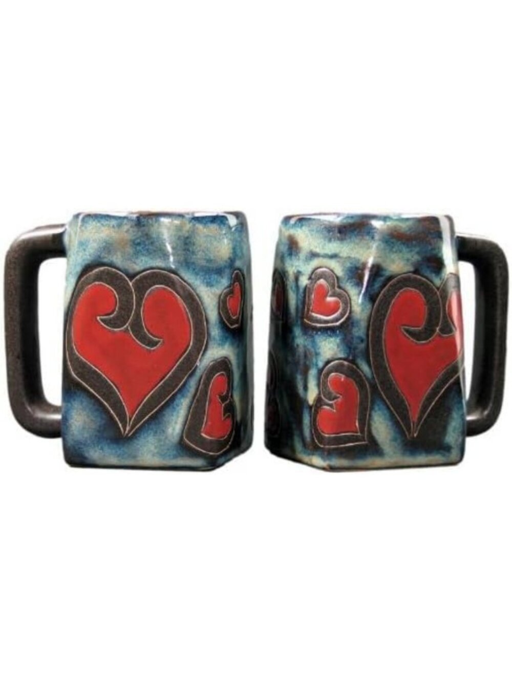 Set of 2 Heart Design Stoneware Coffee Mugs - 12 Oz Collectible Square Cups